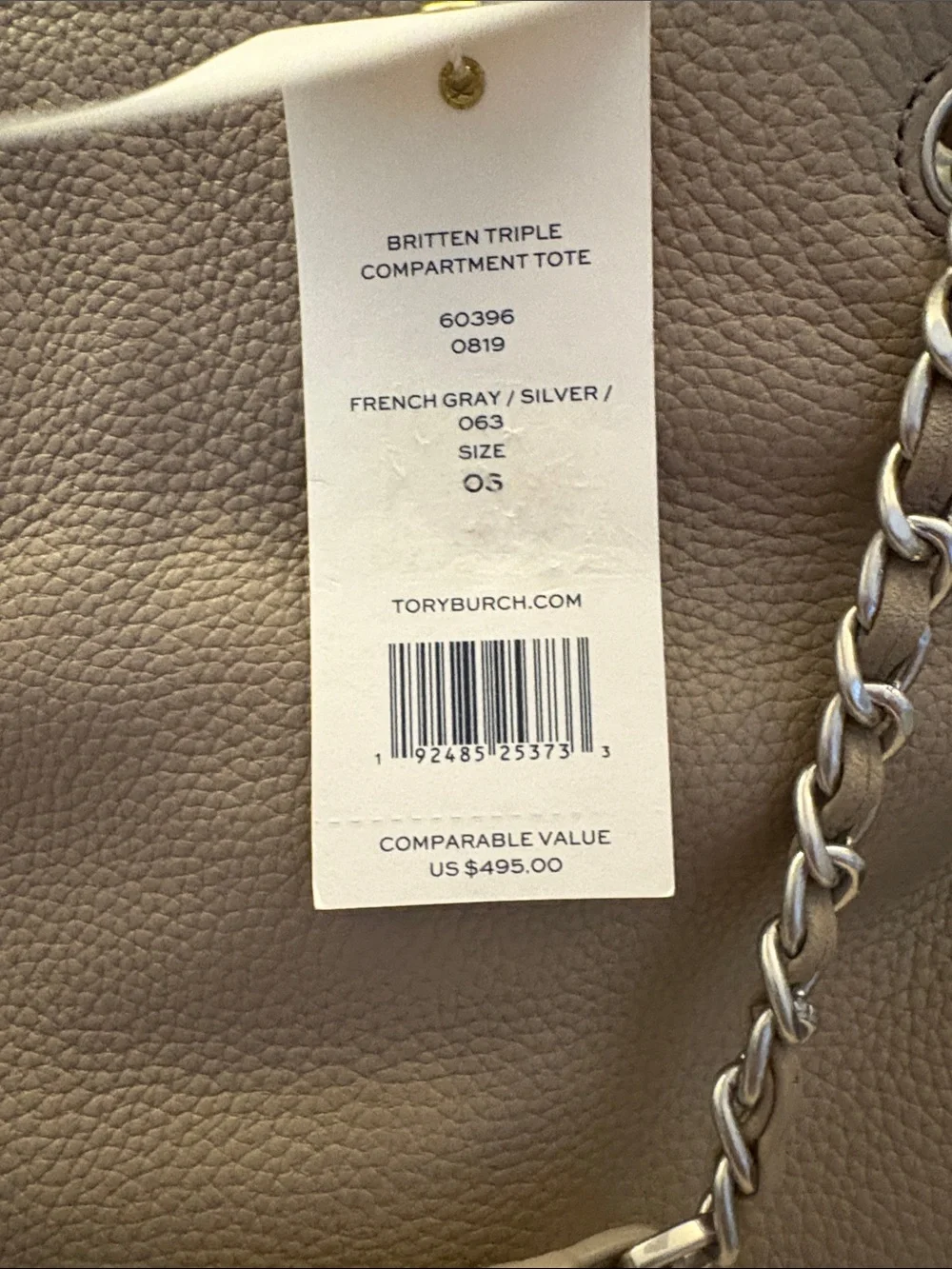 Tory Burch Pebbled Leather Chain-Handle Tote in Taupe